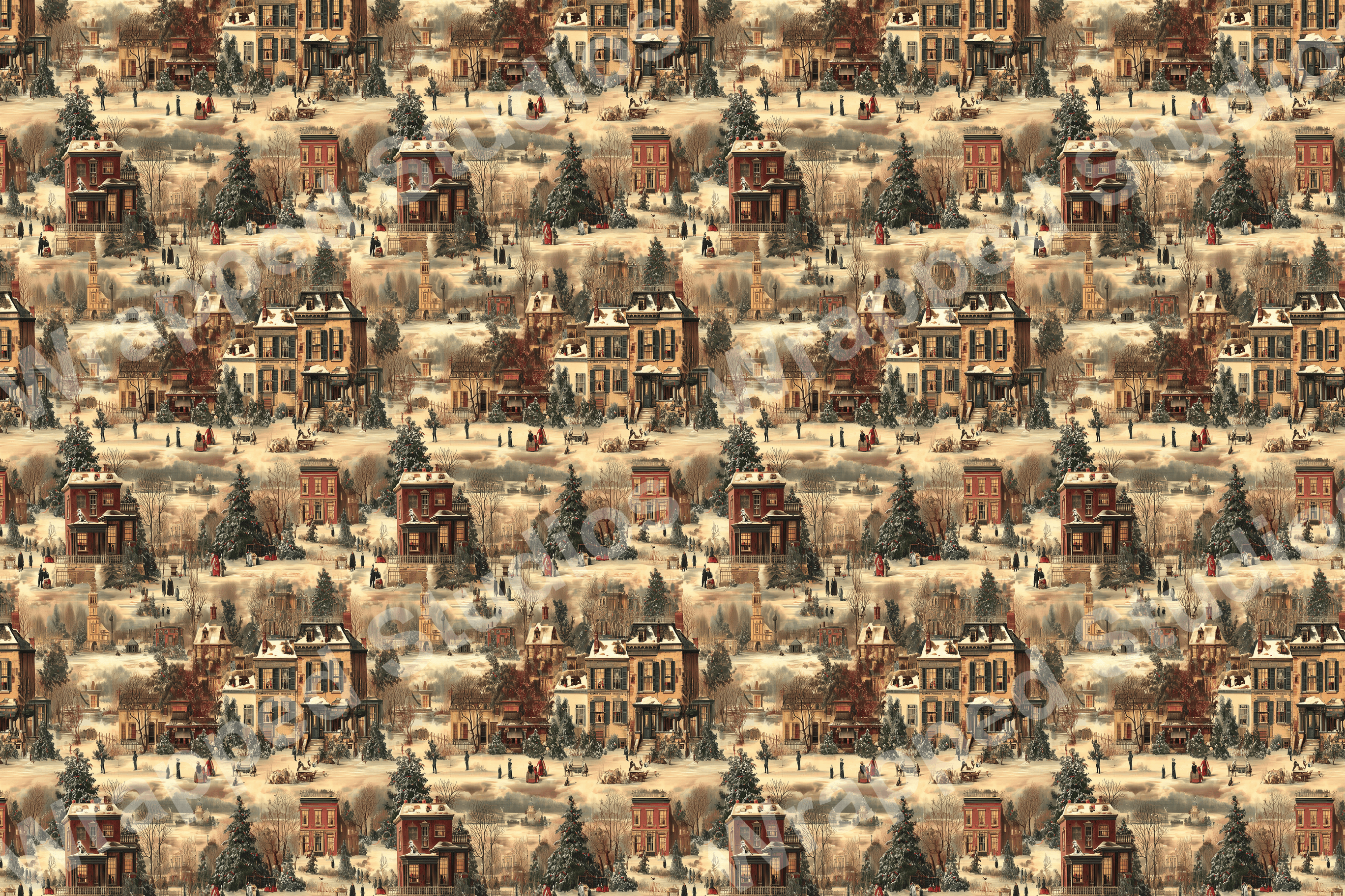 Vintage pattern of a snowy Victorian village scene, featuring architectural details and soft beige, red, and green tones.