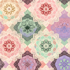 Elegant pastel mandala floral pattern with lace medallions in boho pink, sage green, and lavender.