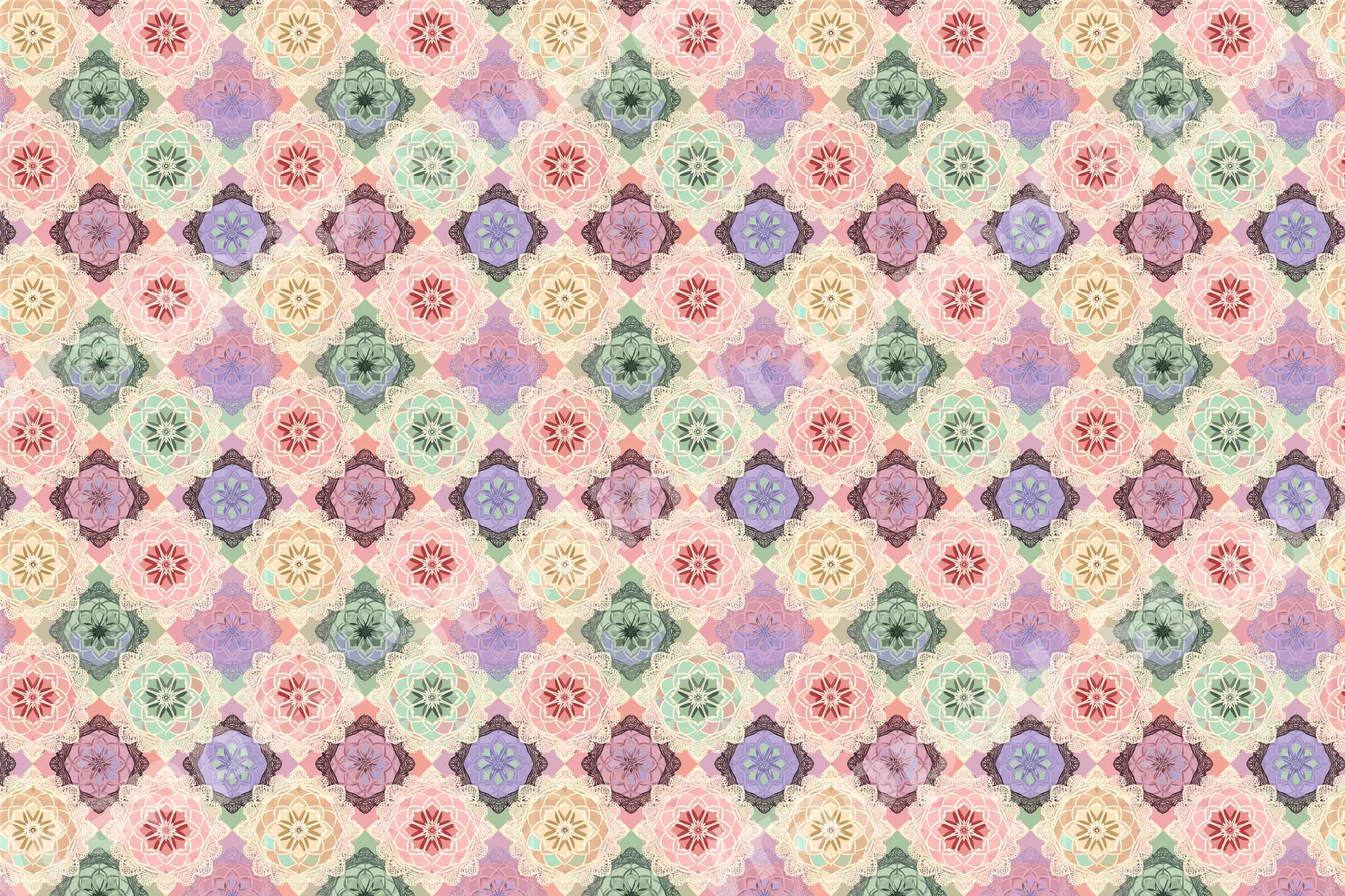 Pastel bohemian mandala geometric pattern with vintage floral details in pink, green, and lavender.