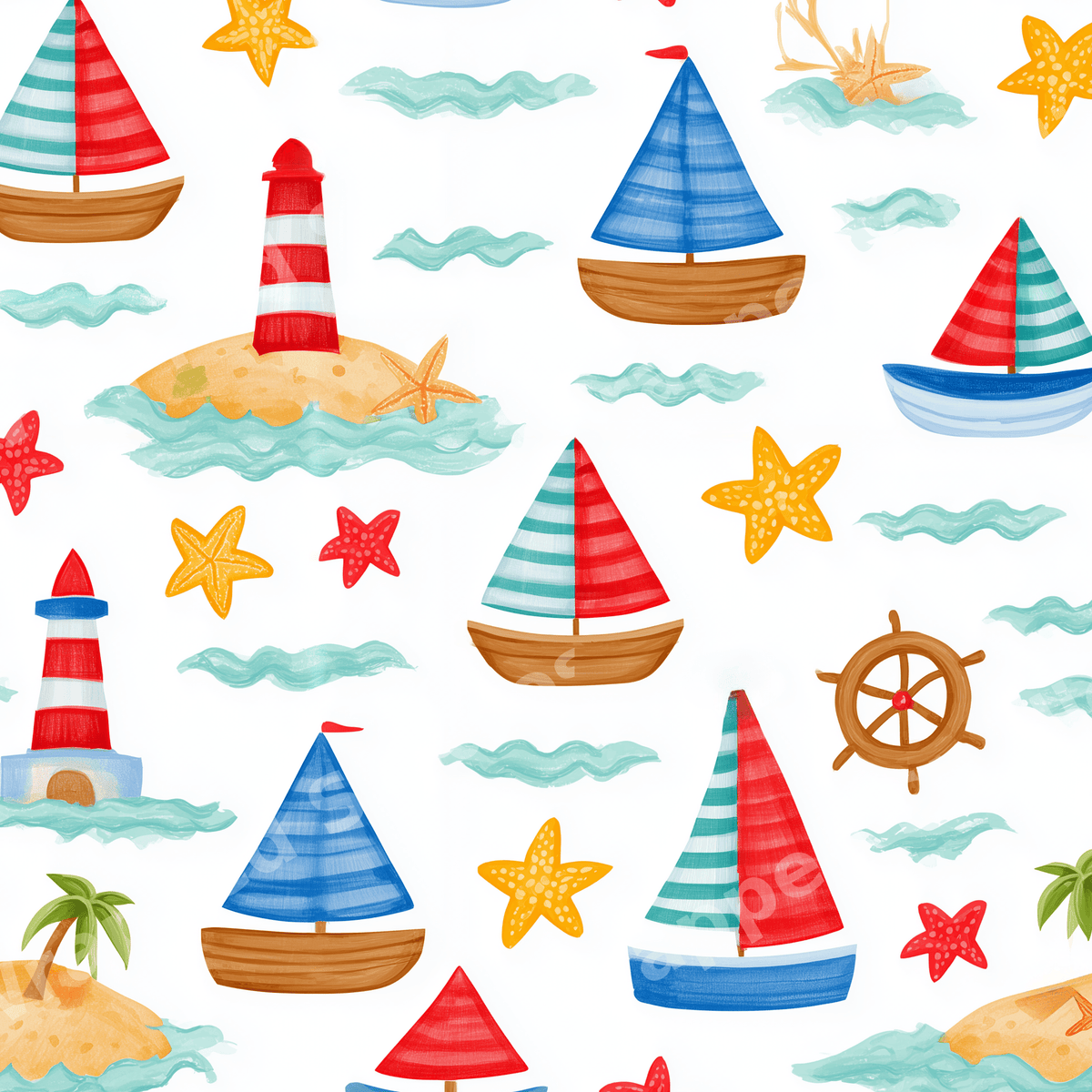Playful nautical seamless pattern featuring watercolor sailboats, lighthouses, and starfish on white.