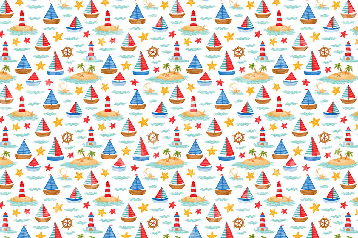 Playful watercolor nautical pattern featuring sailboats, lighthouses, and tropical islands on white.