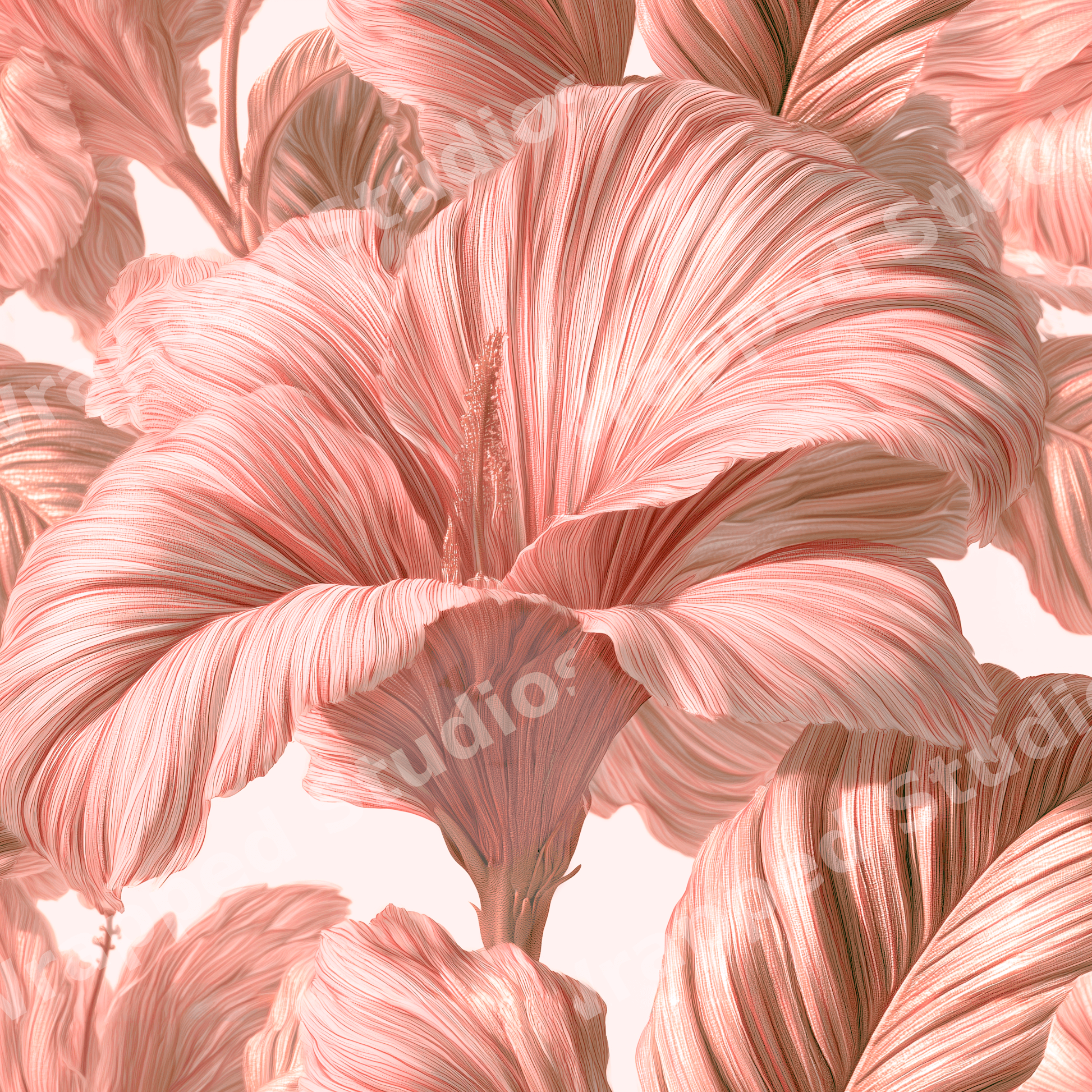 Elegant floral pattern with large textured blush pink hibiscus flowers in an elegant vintage botanical design.
