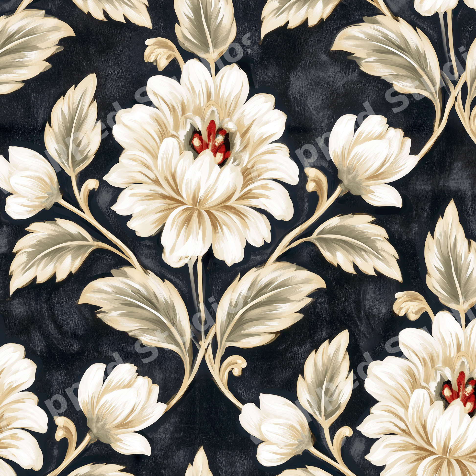 Seamless vintage botanical floral pattern with cream flowers and green leaves on a black background.