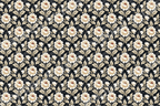 Elegant vintage botanical design featuring cream floral damask patterns on a dark charcoal background.