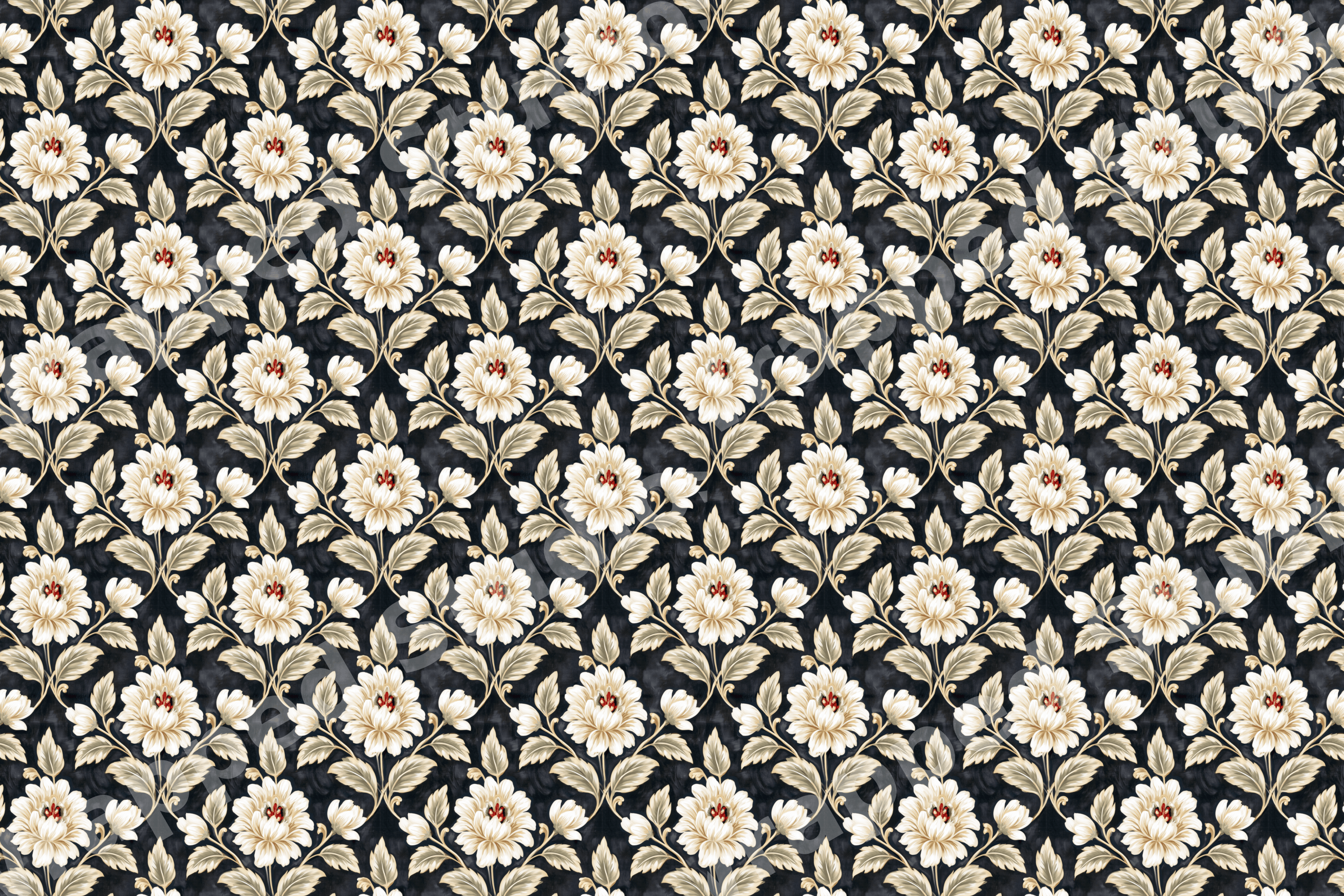 Elegant vintage botanical design featuring cream floral damask patterns on a dark charcoal background.