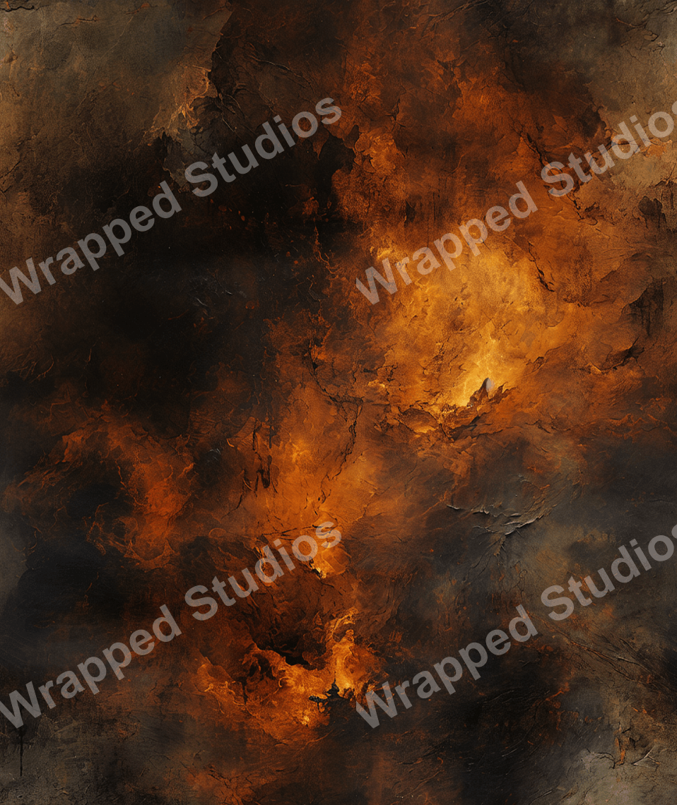 Abstract pattern with dynamic textures in fiery orange and dark, smoky grays.