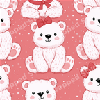 Cute white teddy bear seamless pattern with red bows on a pink polka dot background.