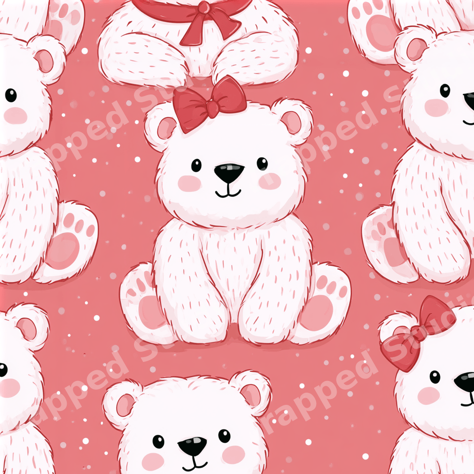 Cute white teddy bear seamless pattern with red bows on a pink polka dot background.