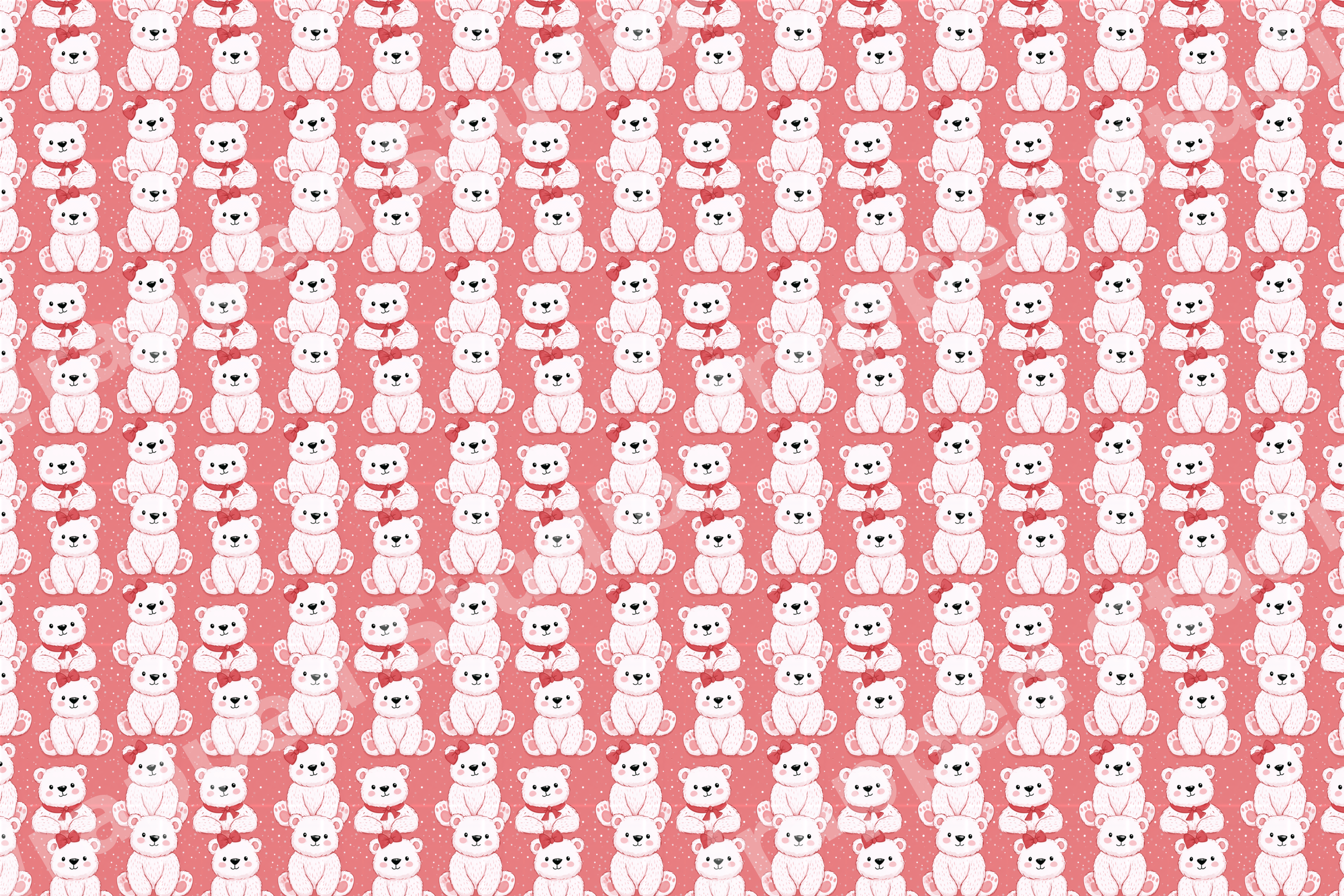 Cute polar bear pattern with white cartoon bears and red bows on a pink polka dot background.
