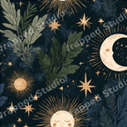 Mystical celestial sun and moon pattern with vintage botanical leaves and gold stars on a dark navy background.