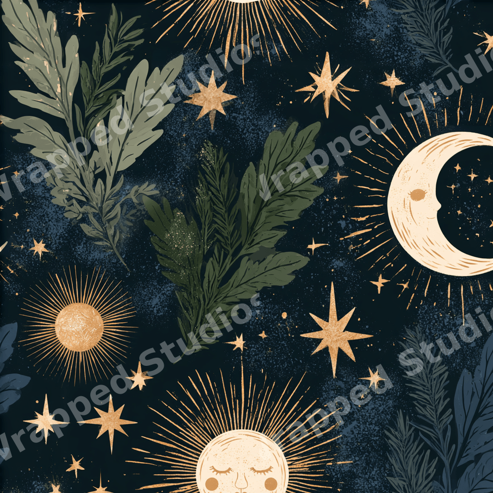 Mystical celestial sun and moon pattern with vintage botanical leaves and gold stars on a dark navy background.