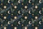 Celestial botanical pattern with gold suns, crescent moons, and green leaves on a dark blue background.