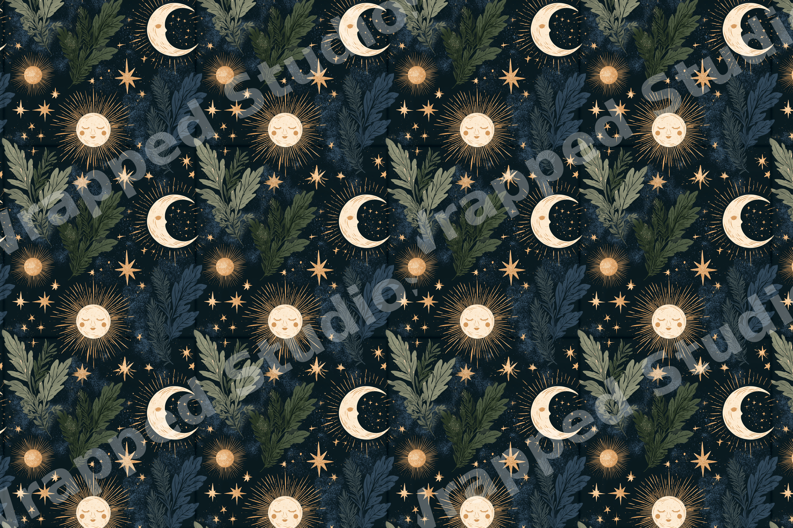 Celestial botanical pattern with gold suns, crescent moons, and green leaves on a dark blue background.