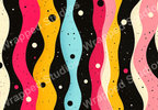 Playful wavy stripe pattern in pink, yellow, and blue with dot accents on a black speckled ground.