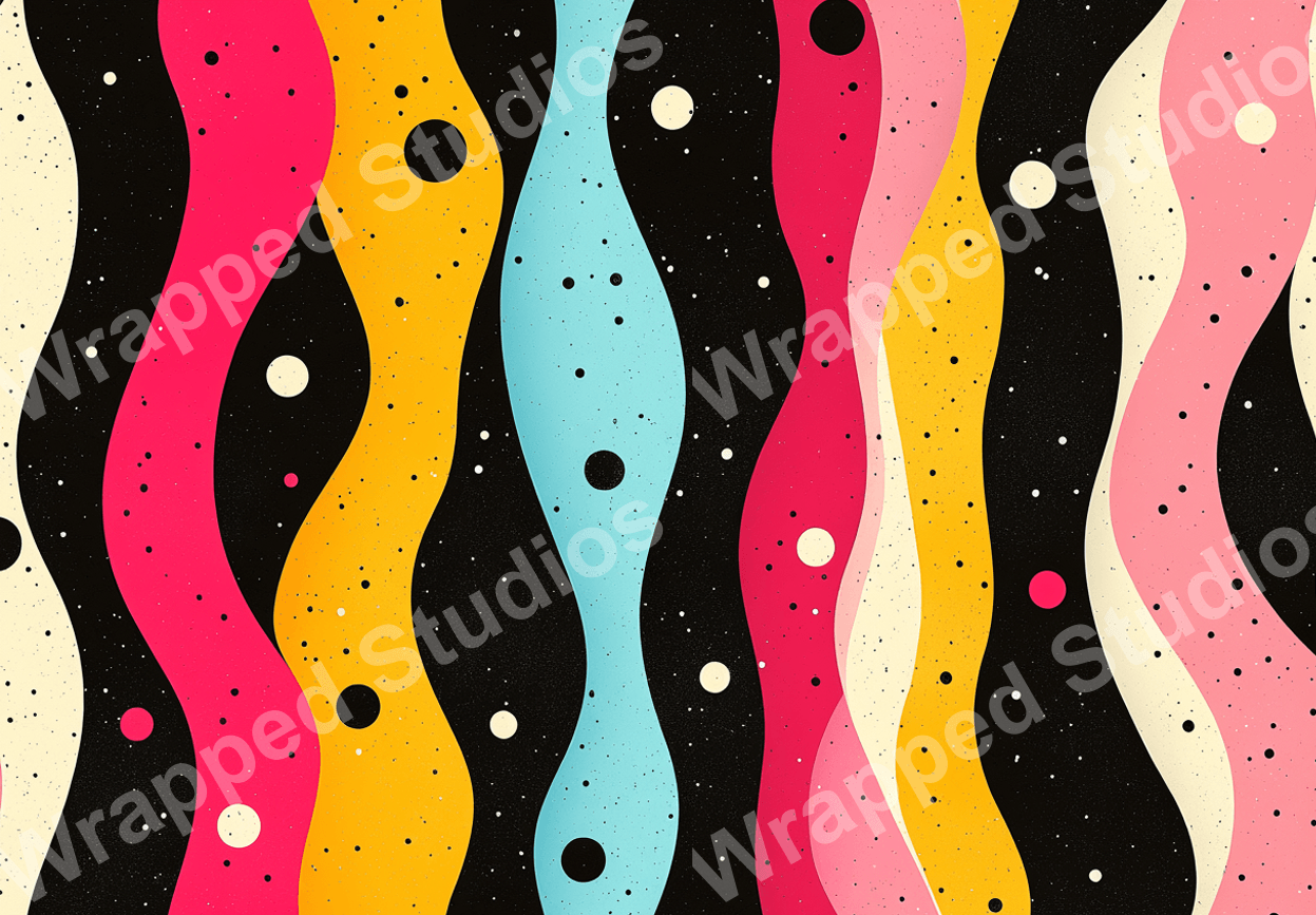 Playful wavy stripe pattern in pink, yellow, and blue with dot accents on a black speckled ground.