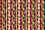 Playful abstract pattern with wavy stripes and scattered dots in pink, yellow, blue, and cream on black.
