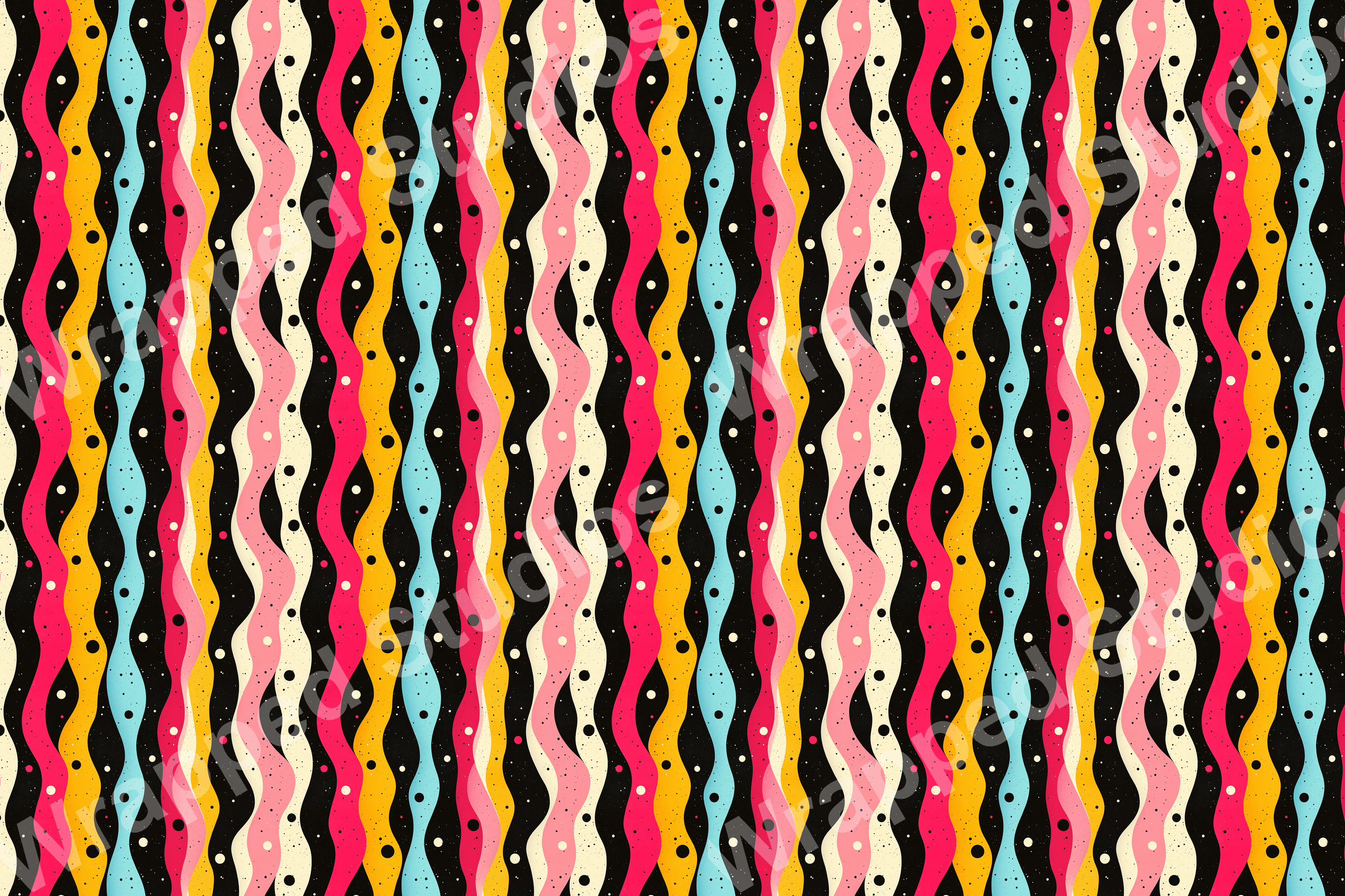 Playful abstract pattern with wavy stripes and scattered dots in pink, yellow, blue, and cream on black.