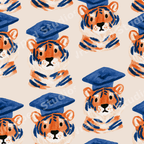 Cute watercolor graduation tiger pattern featuring hand-painted orange tigers in blue graduation caps.
