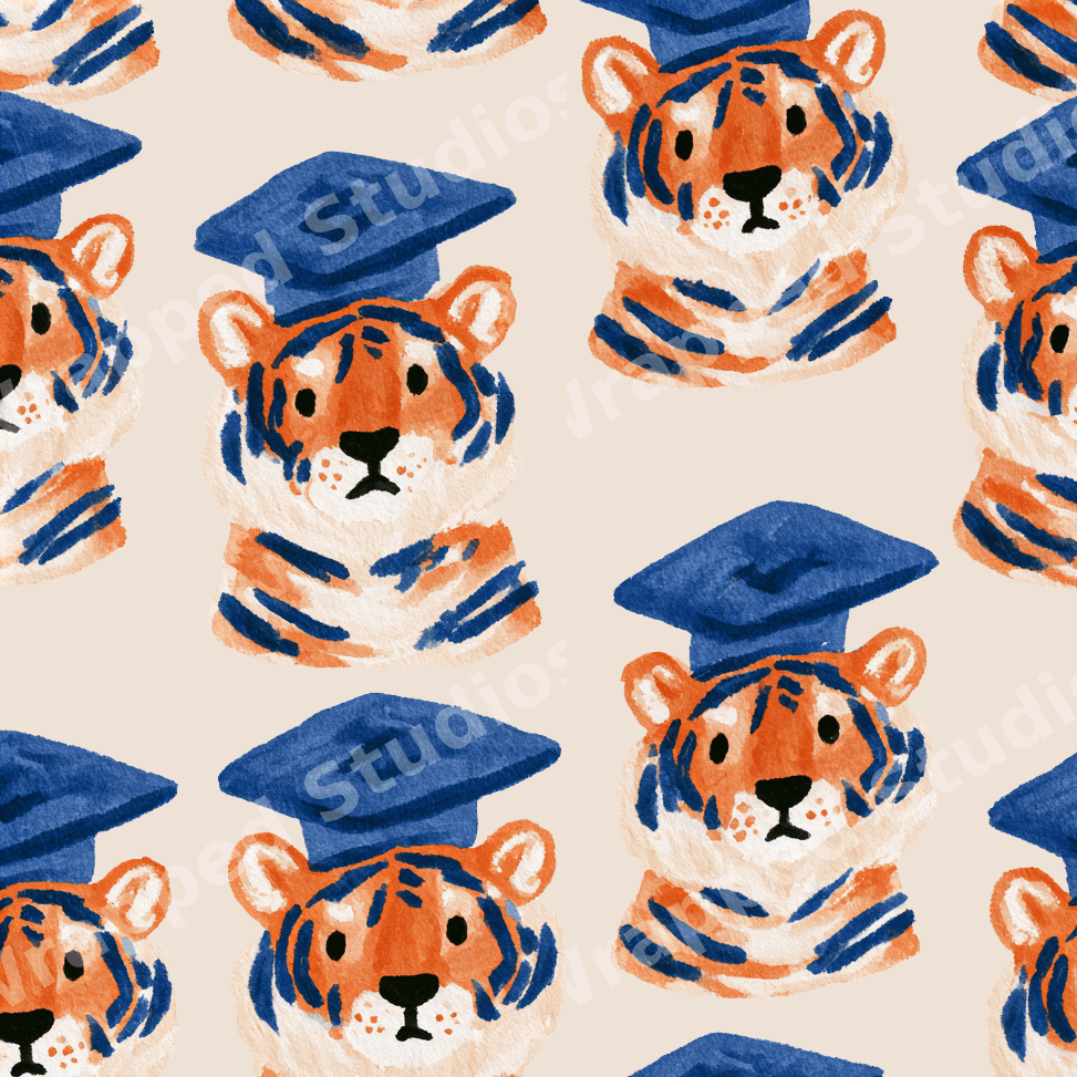 Cute watercolor graduation tiger pattern featuring hand-painted orange tigers in blue graduation caps.