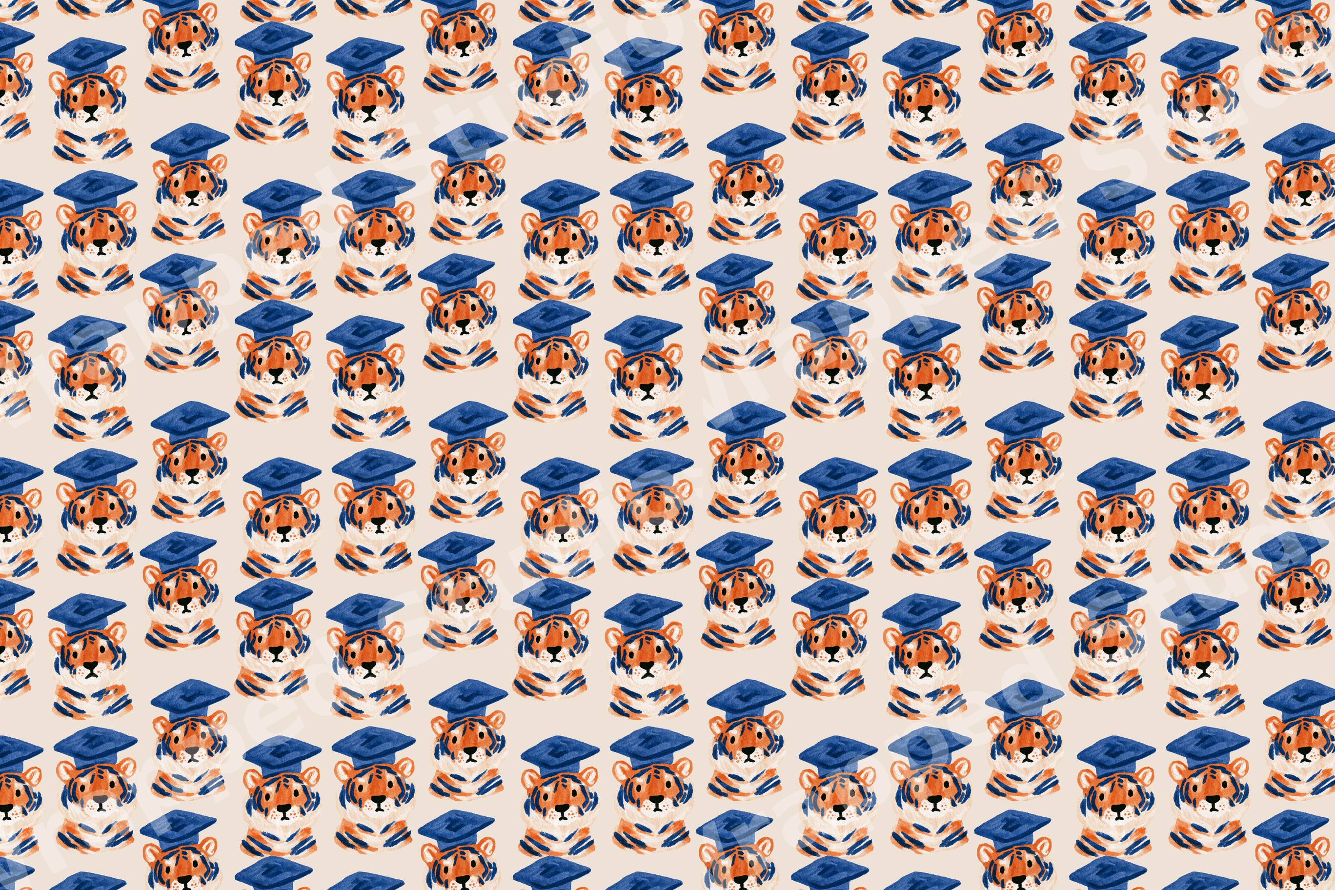 Playful graduation pattern with watercolor orange tigers wearing blue mortarboard caps on a beige background.