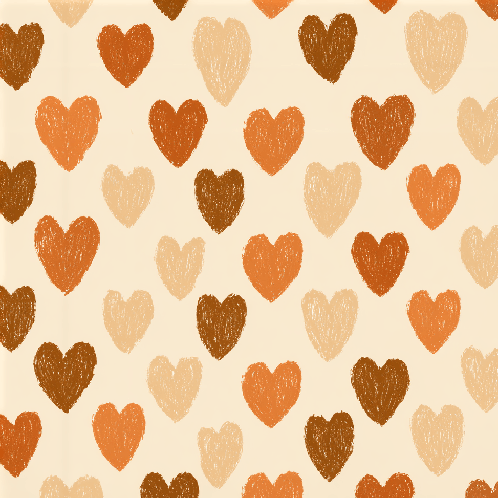 Seamless boho heart pattern with hand-drawn terracotta, brown, and beige crayon hearts on a cream background.