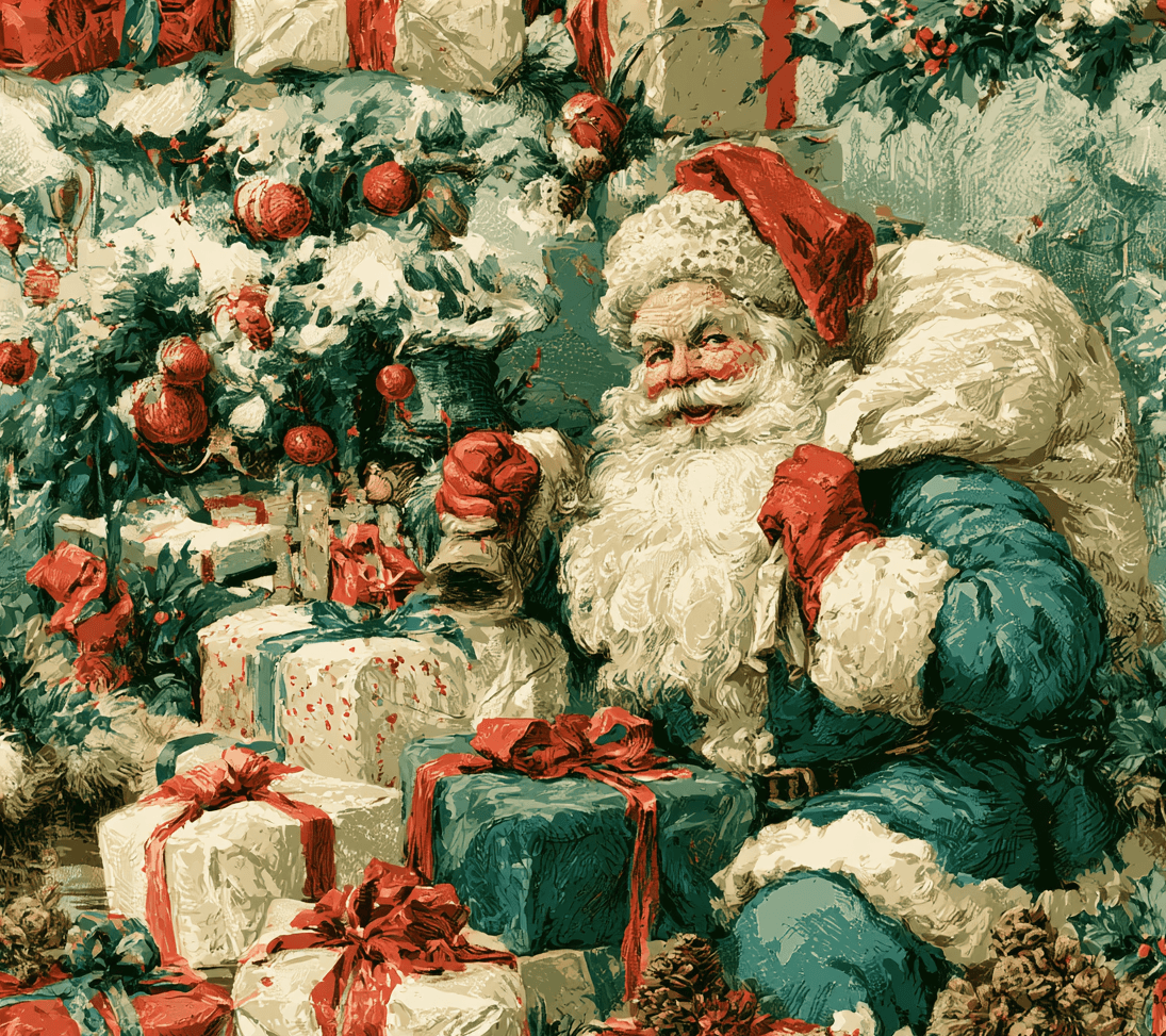 Vintage Christmas pattern featuring Santa Claus, pine trees, and presents in a nostalgic teal and red color palette.