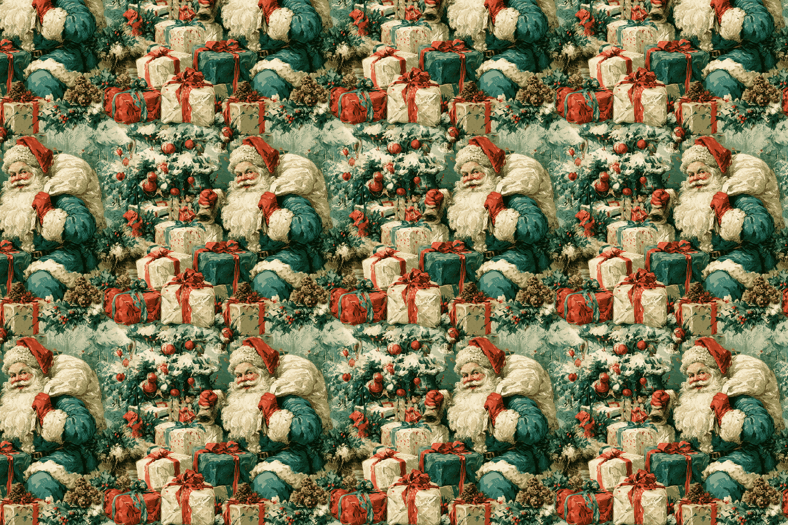 Vintage Christmas pattern featuring a festive Santa Claus in teal and red tones with a classic holiday aesthetic.