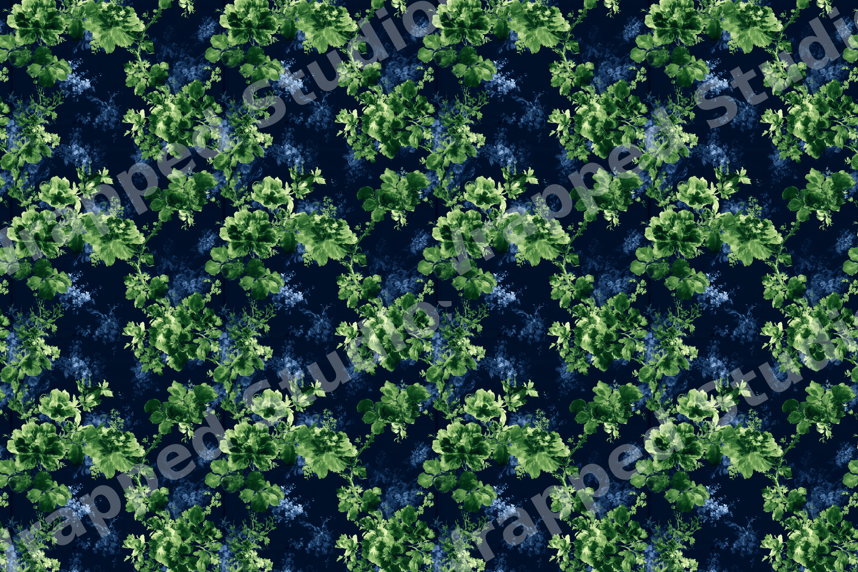 Vintage green floral pattern with moody botanical motifs on a dark navy blue background.