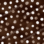 Abstract polka dot pattern with hand-drawn white and brown watercolor spots on a dark brown background.