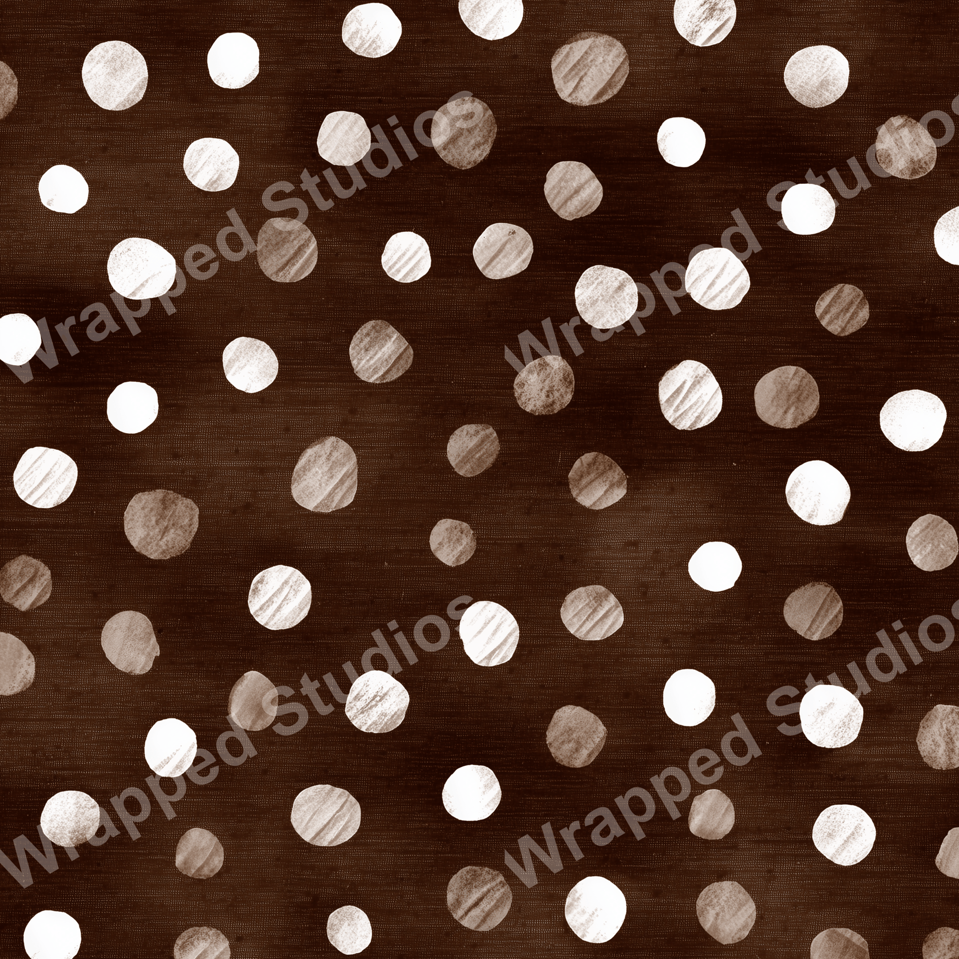 Abstract polka dot pattern with hand-drawn white and brown watercolor spots on a dark brown background.