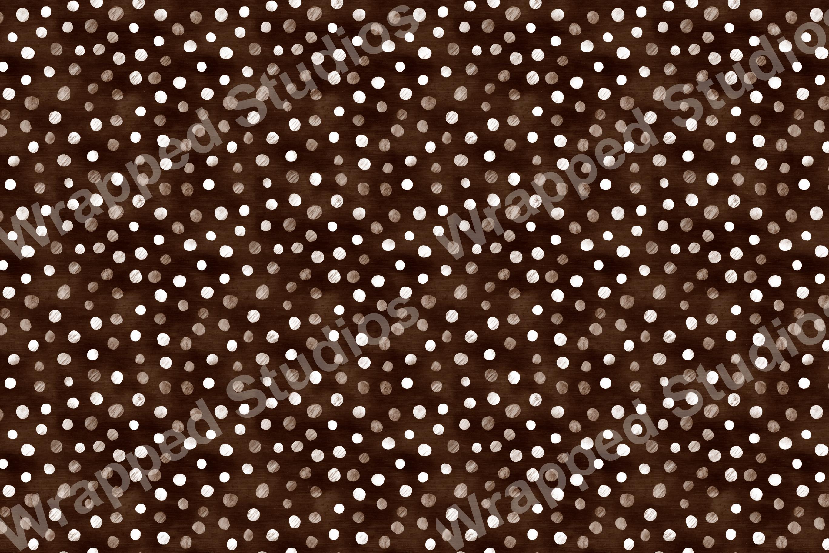 Hand-drawn polka dot pattern with white and cream dots on a dark brown background.