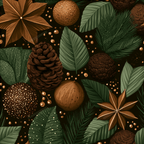 Vintage botanical design with pine cones, star anise, and evergreen leaves in an elegant winter pattern.