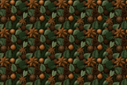 Elegant Christmas botanical pattern featuring pinecones, star anise, and green leaves in warm earthy tones.