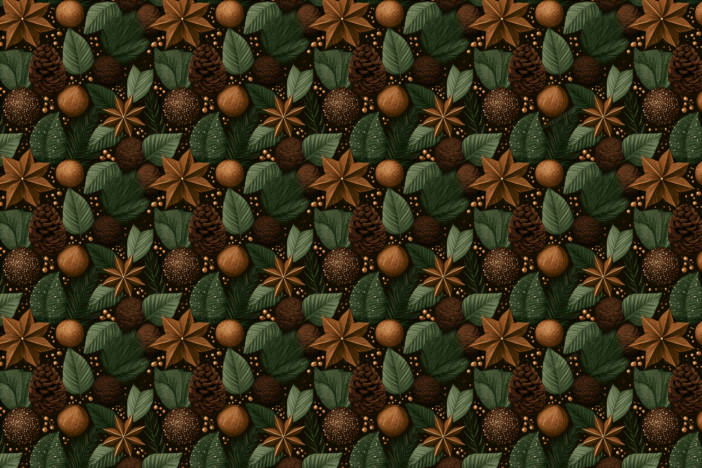 Elegant Christmas botanical pattern featuring pinecones, star anise, and green leaves in warm earthy tones.