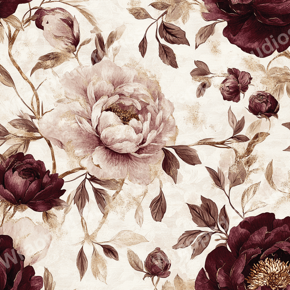 Elegant floral pattern with burgundy and blush peonies on an ivory background.