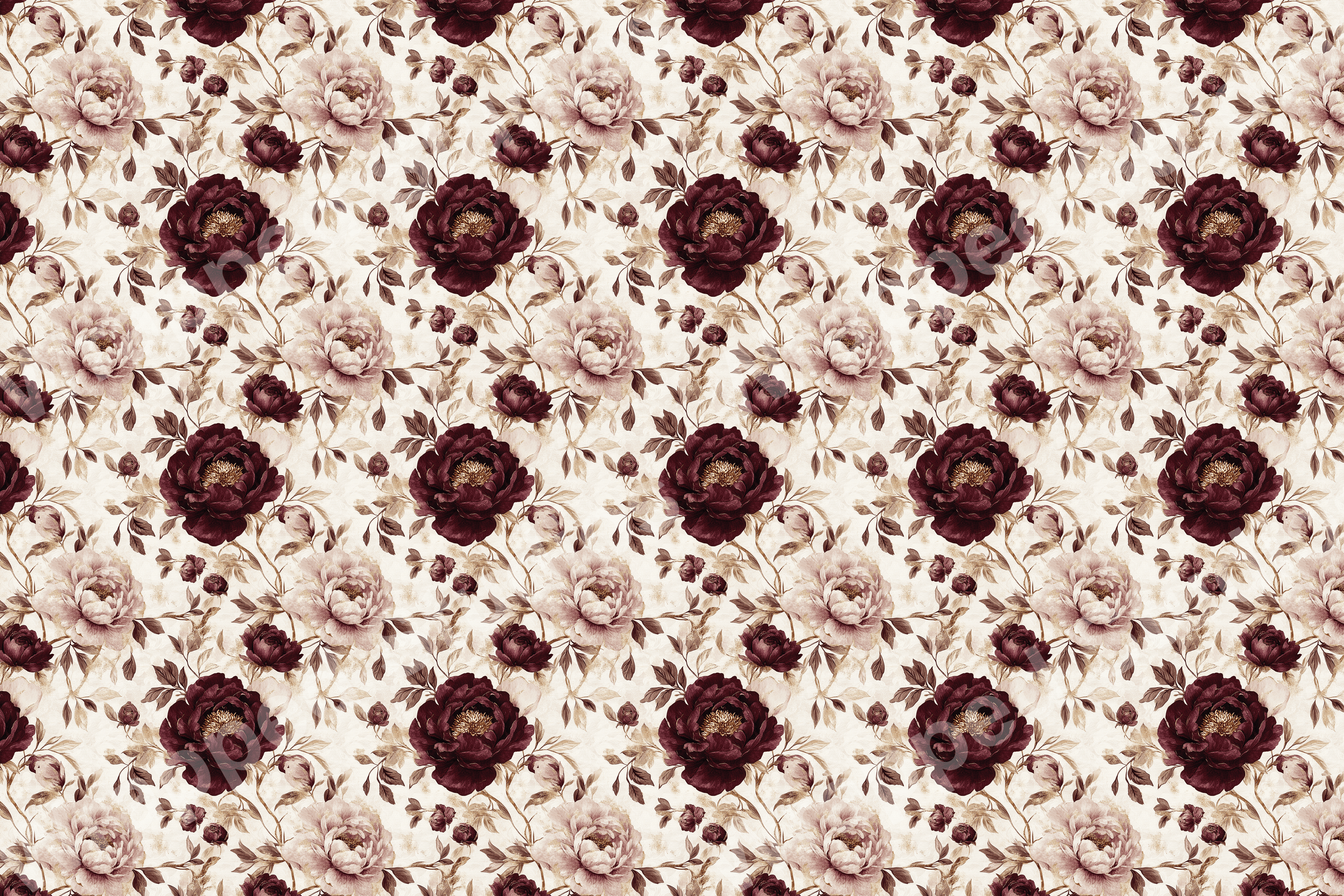Elegant floral pattern with burgundy and blush peonies and vintage botanical style.