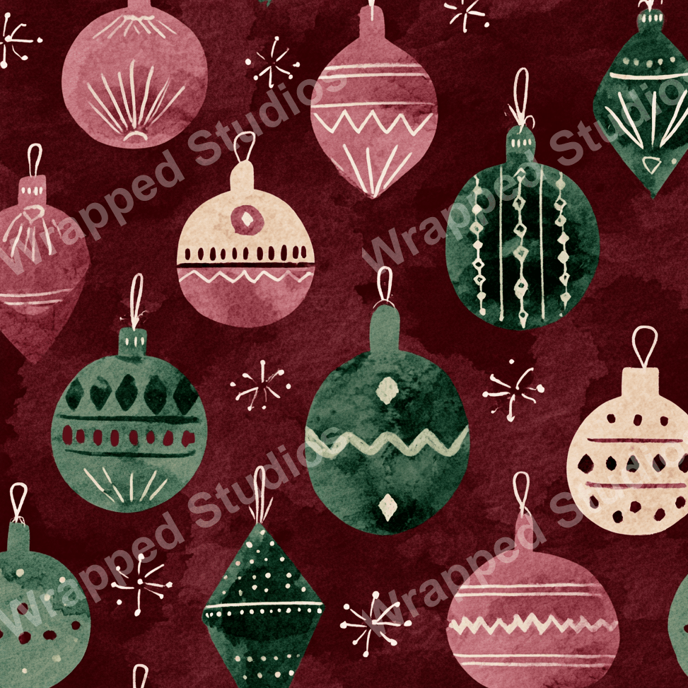 A festive watercolor holiday ornament pattern in shades of deep red, sage green, and cream with white snowflake accents.