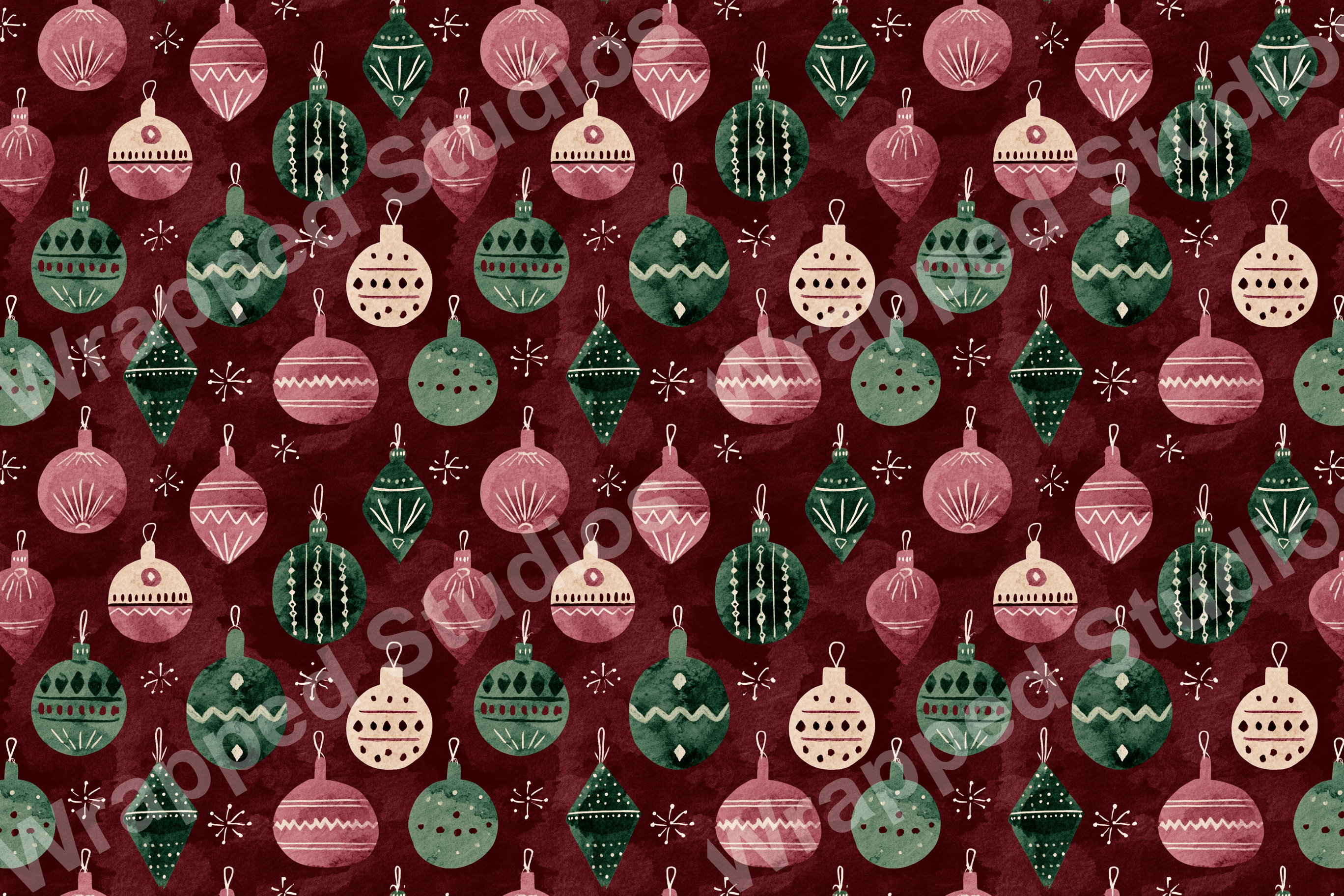 Festive seamless Christmas ornament pattern in muted red, green, and cream with a vintage holiday aesthetic.