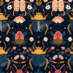 Whimsical beetle and floral pattern design in navy, gold, coral, and white.