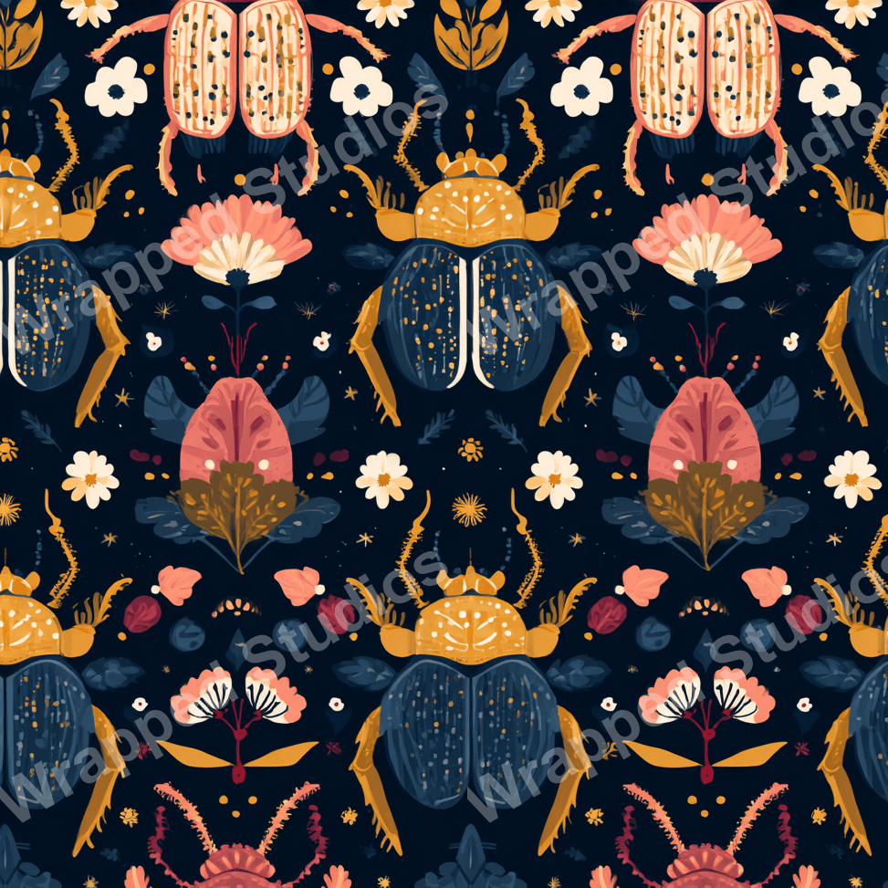 Whimsical beetle and floral pattern design in navy, gold, coral, and white.