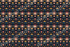 Seamless pattern with stylized beetles, flowers, and foliage in navy, coral, and gold tones.