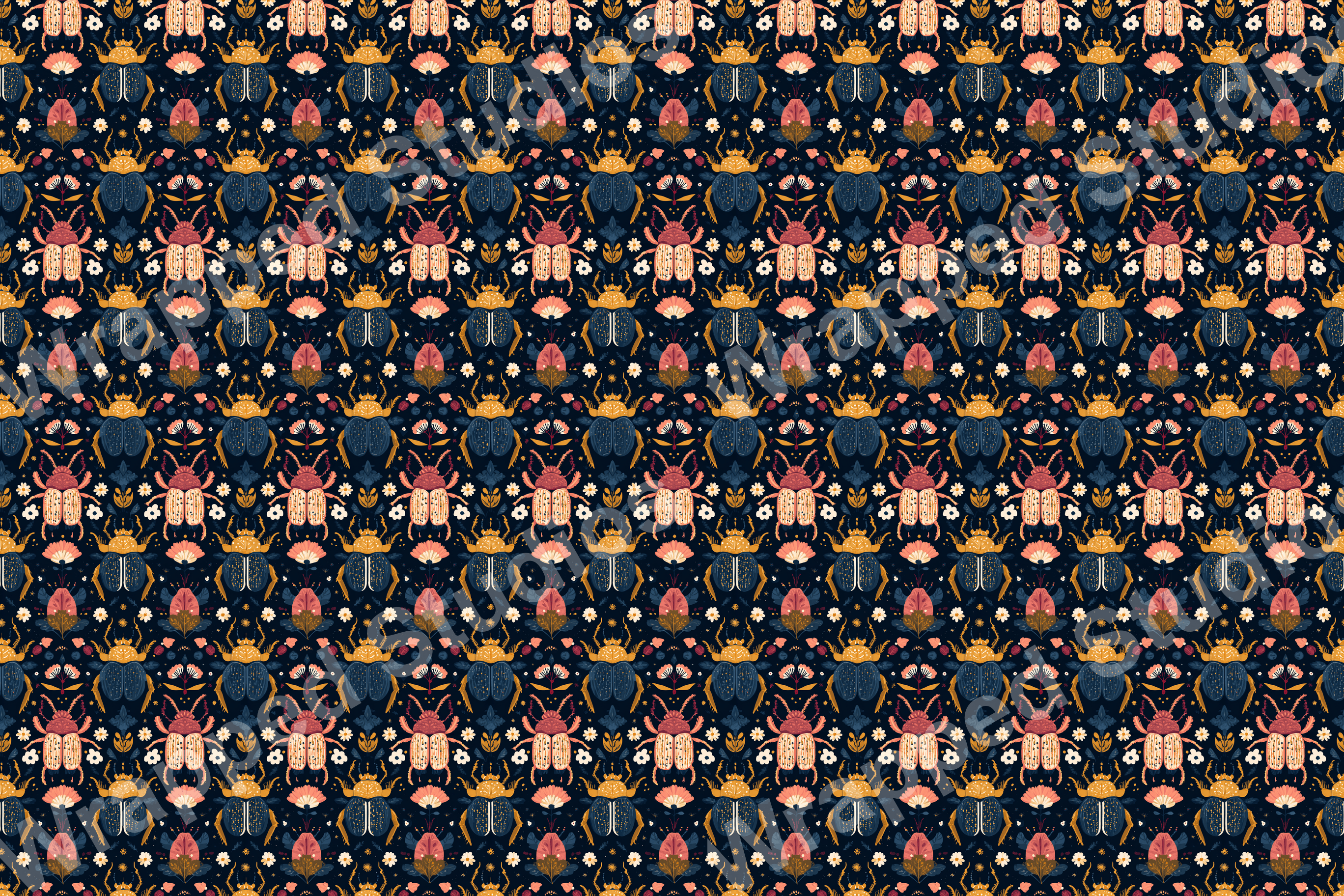 Seamless pattern with stylized beetles, flowers, and foliage in navy, coral, and gold tones.