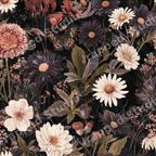 Dark vintage botanical pattern featuring moody purple asters, cream daisies, and a butterfly.