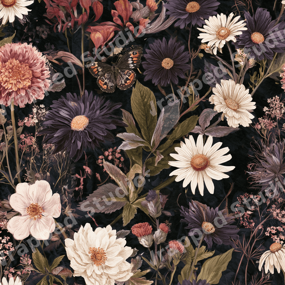 Dark vintage botanical pattern featuring moody purple asters, cream daisies, and a butterfly.