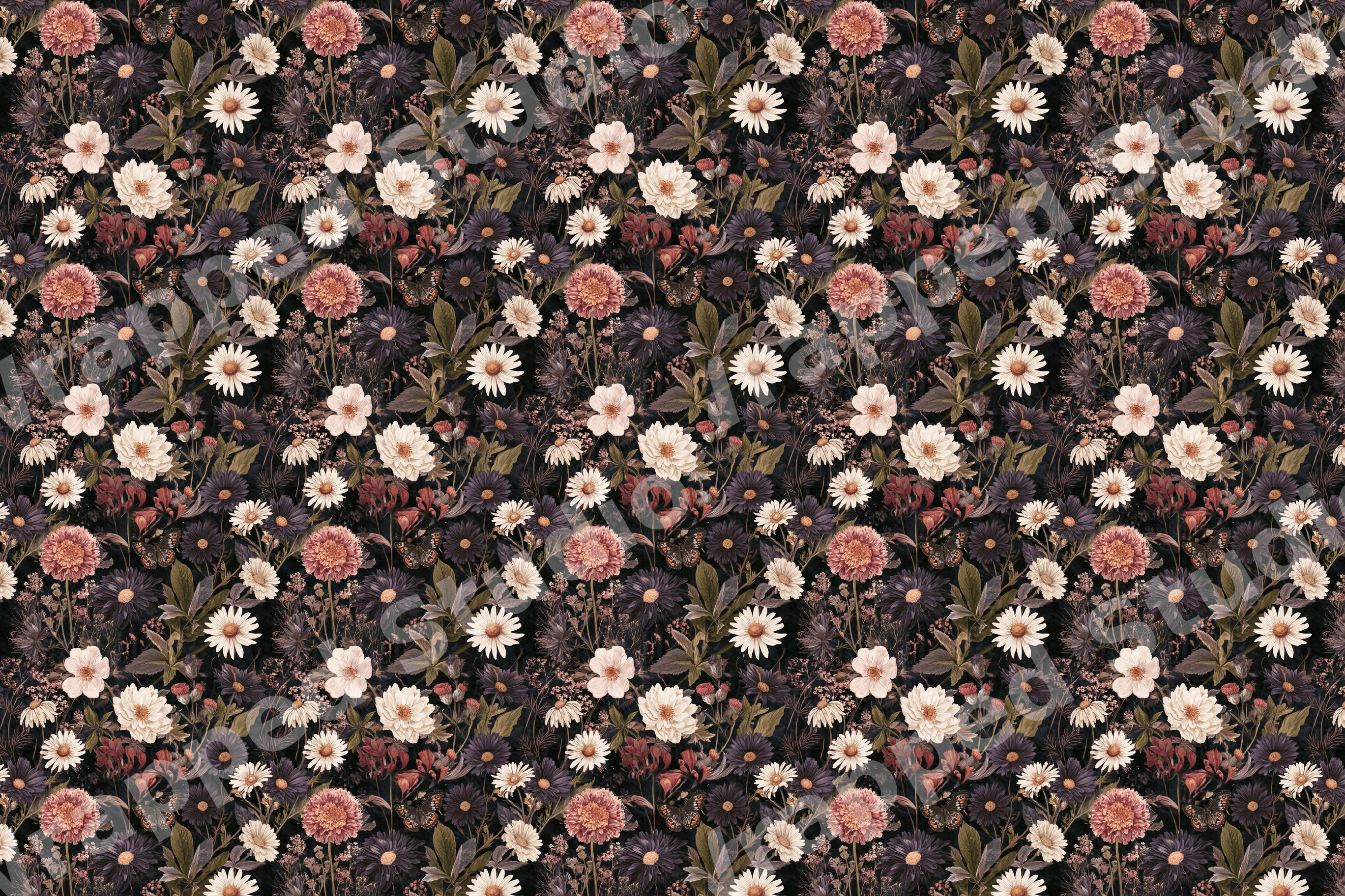 Vintage botanical pattern with cream daisies, pink dahlias, and green leaves on a dark moody background.