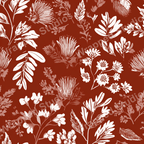 Elegant floral pattern with white botanical motifs on a deep red background.