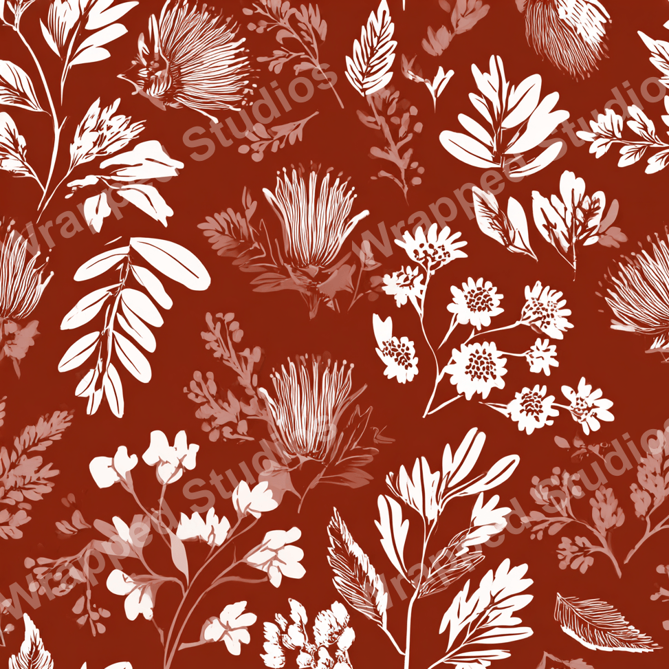 Elegant floral pattern with white botanical motifs on a deep red background.