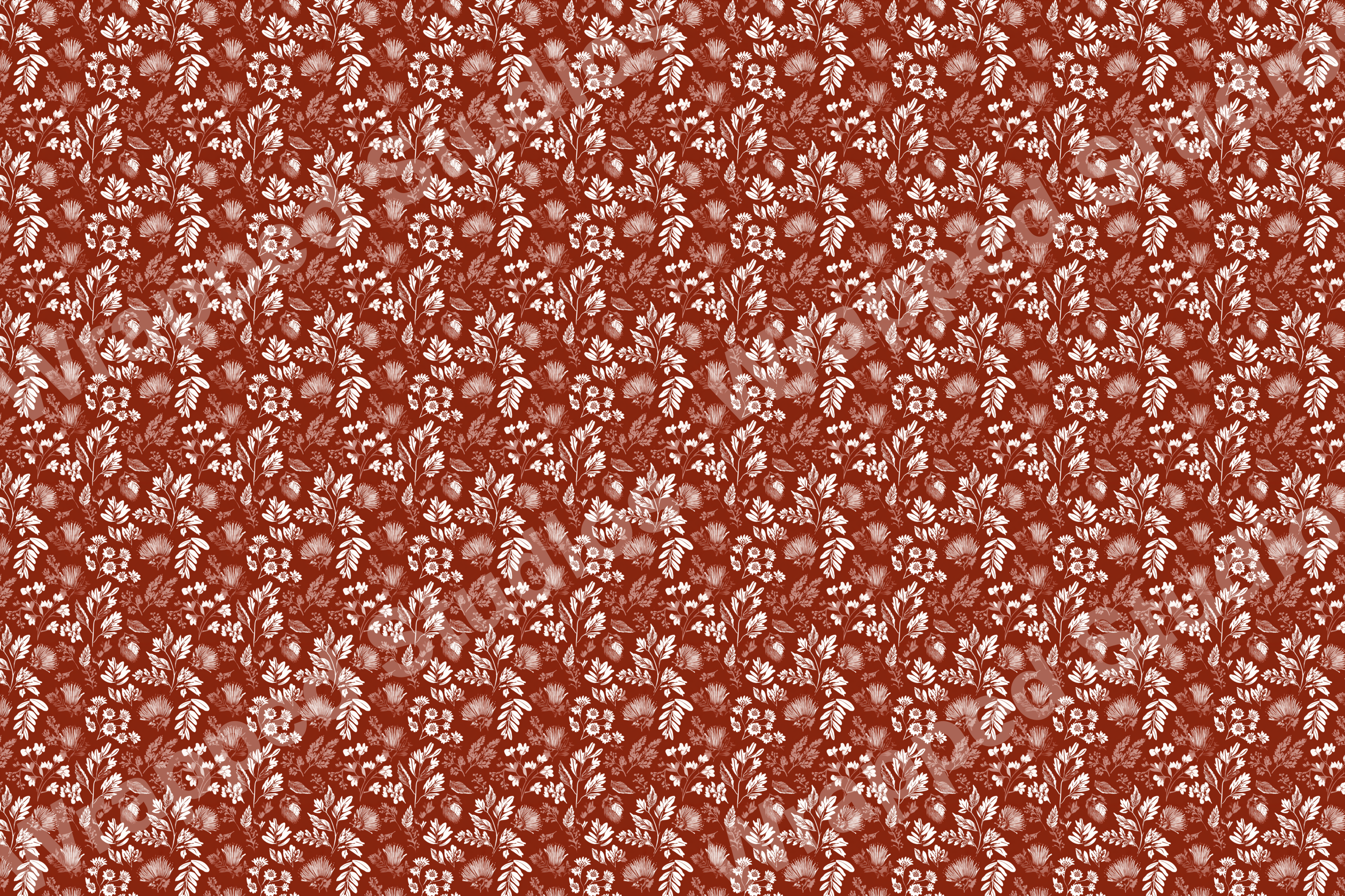 Vintage botanical design with white floral pattern and rusty red background.