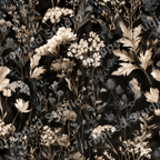 Dark floral pattern featuring vintage botanical wildflowers in cream and dusty blue on a black background.
