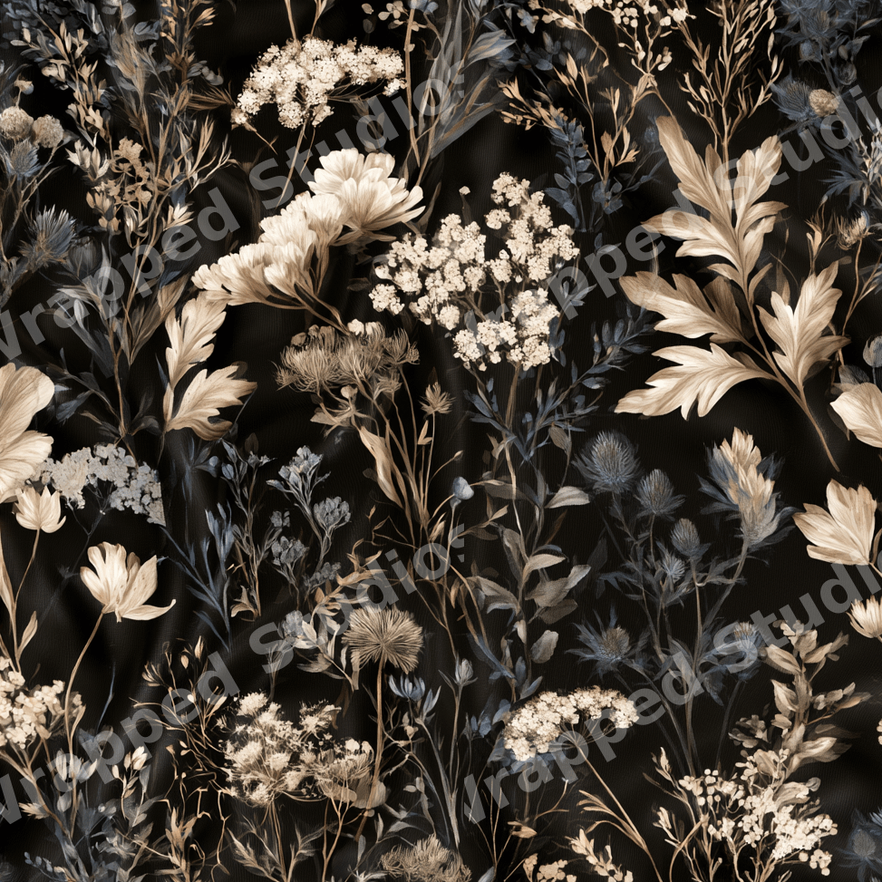 Dark floral pattern featuring vintage botanical wildflowers in cream and dusty blue on a black background.